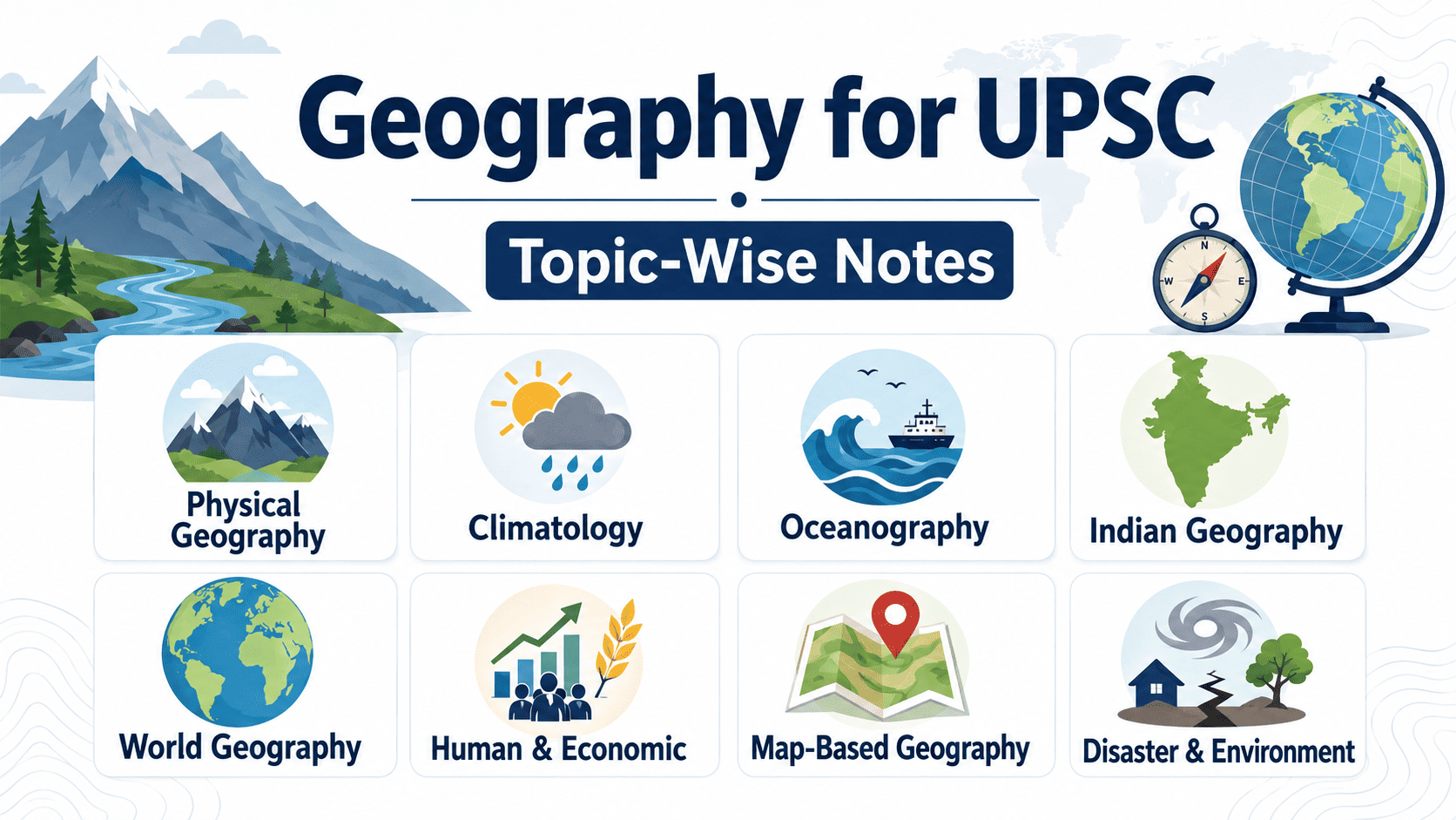 Geography for UPSC topic-wise notes covering Physical Geography, Climatology, Oceanography, Indian Geography, World Geography and map-based topics